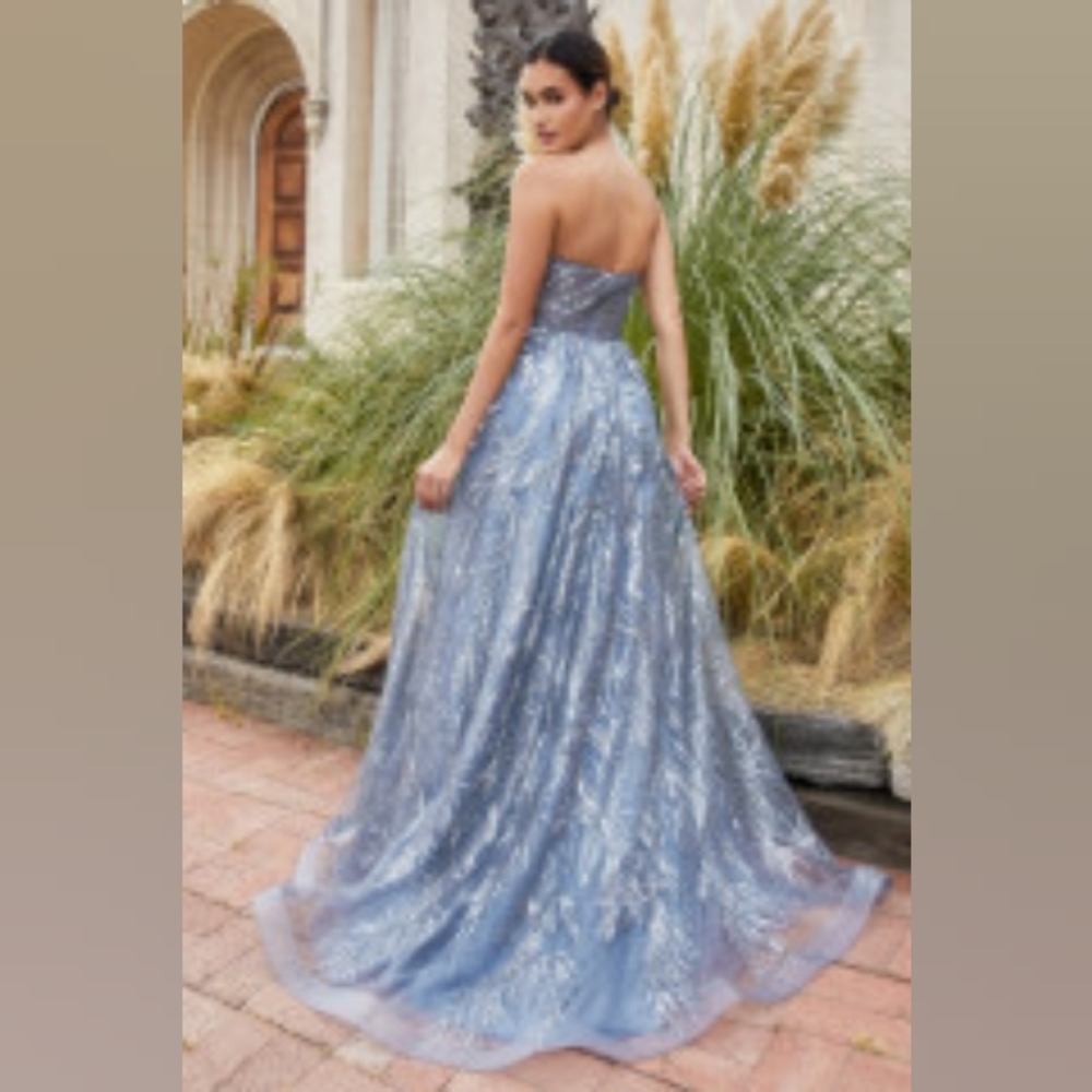 Gold,blue,silver,mauve pink strapless long gown with shawl cape - Picture 7 of 8